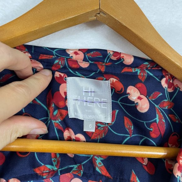 Anthropologie Hey There Cereja Cherry Print Faux Wrap Dress Size 6 Blue Satin - Picture 13 of 15